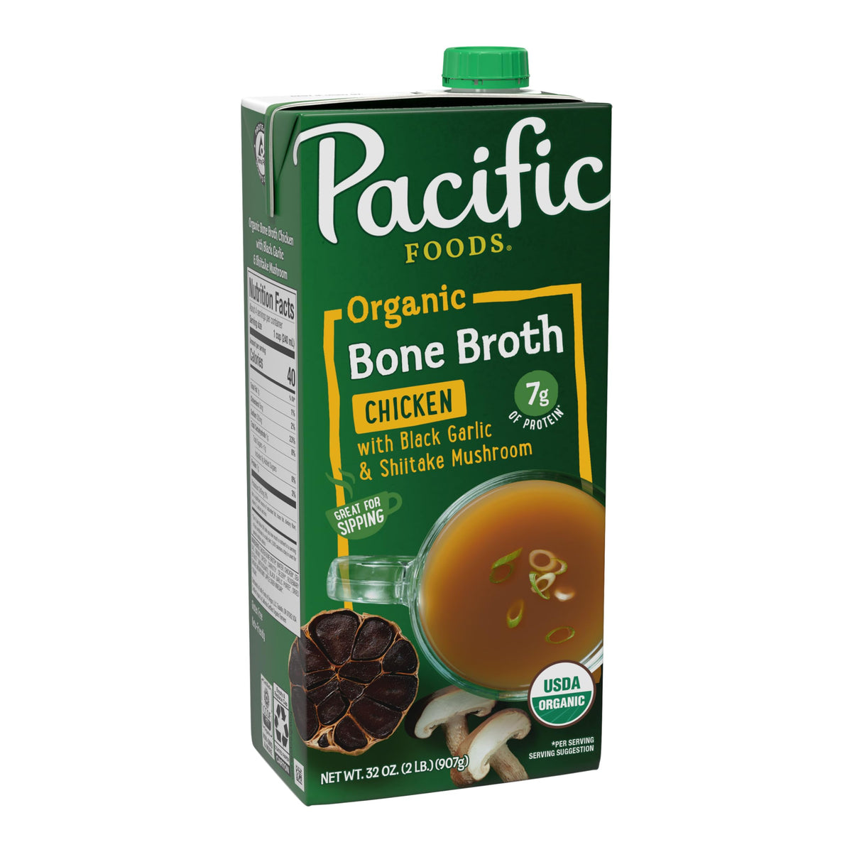 Pacific Foods bone broth bottle pouring into a mug for a comforting sip