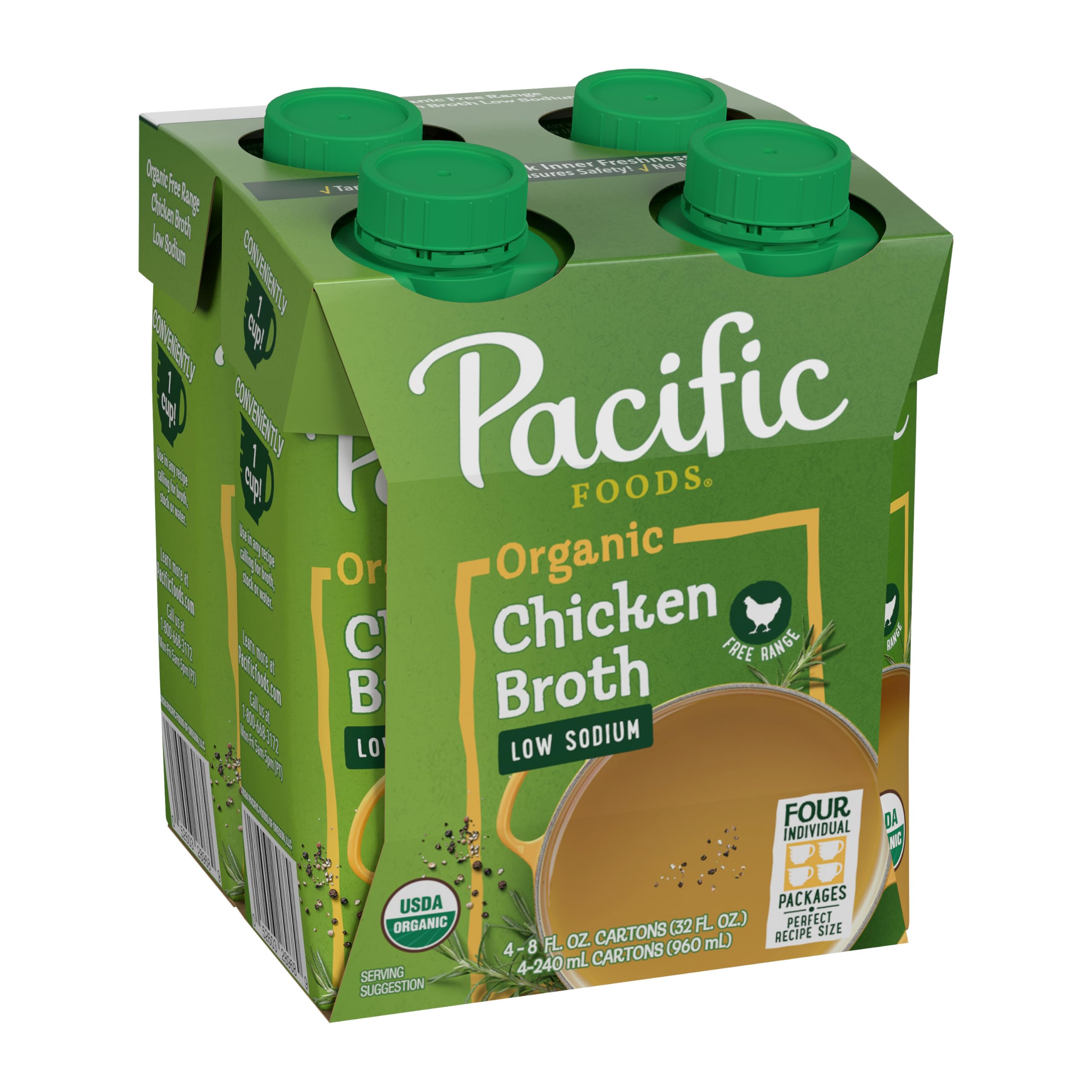 Pacific Foods low sodium chicken broth carton 4-pack on pantry shelf, convenient ready-to-use