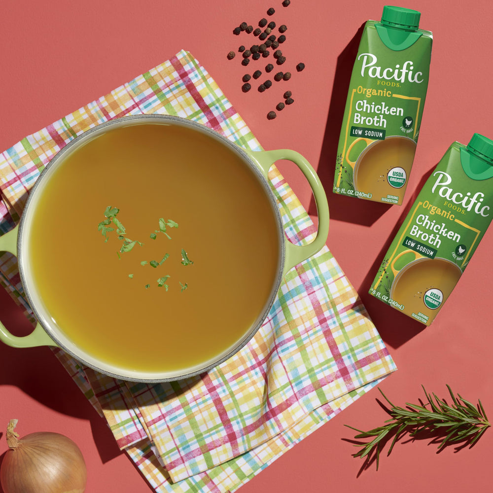Grains and vegetables benefit from Pacific Foods low-sodium broth while cooking