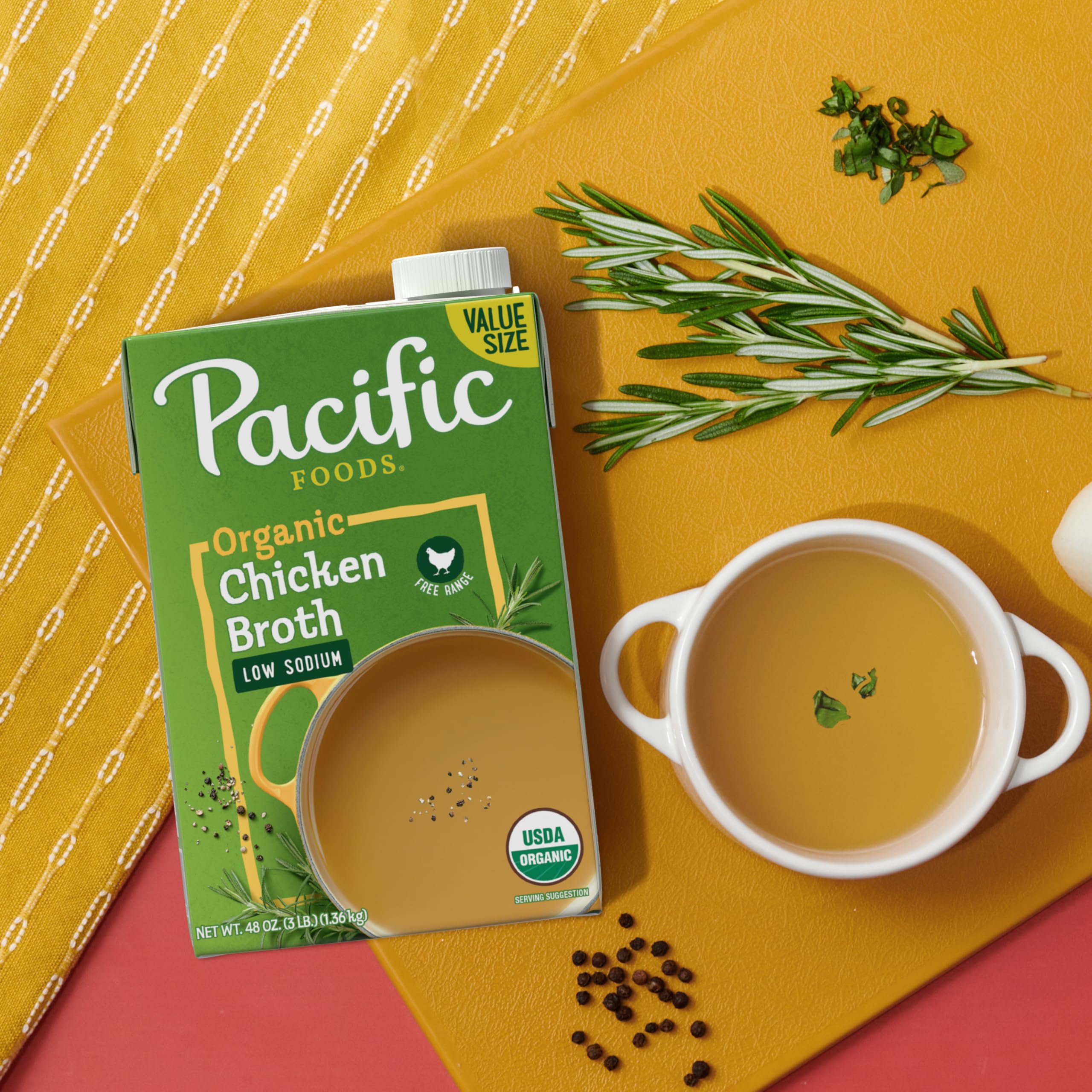 Pacific Foods broth used as a cooking base in recipes.