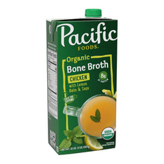 Pacific Foods chicken bone broth carton top view with lemon balm and sage aroma for cozy evenings