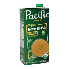 Pacific Foods Organic Chicken Bone Broth front packaging shows organic broth ready to heat