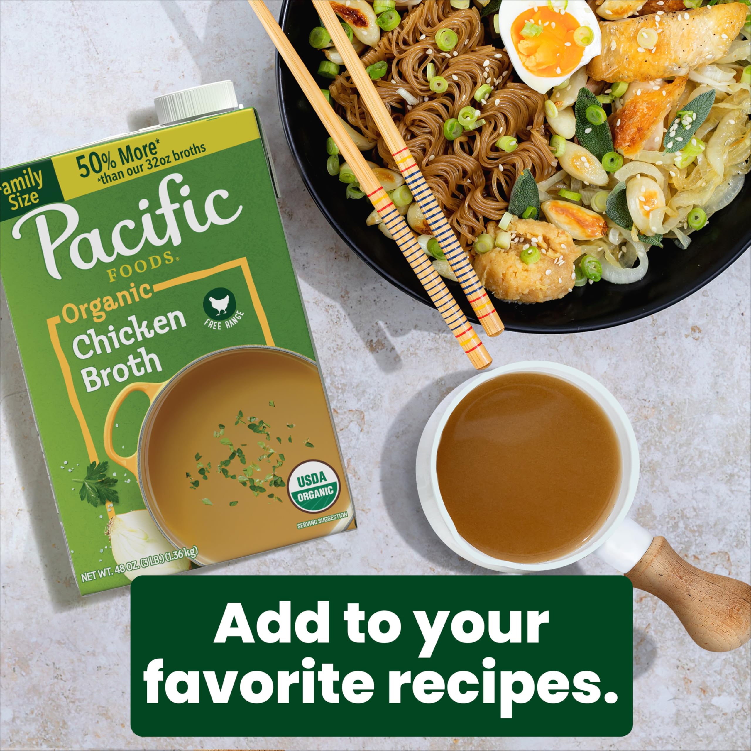 Pacific Foods Organic Chicken Broth soup base in a bowl, comforting and versatile.