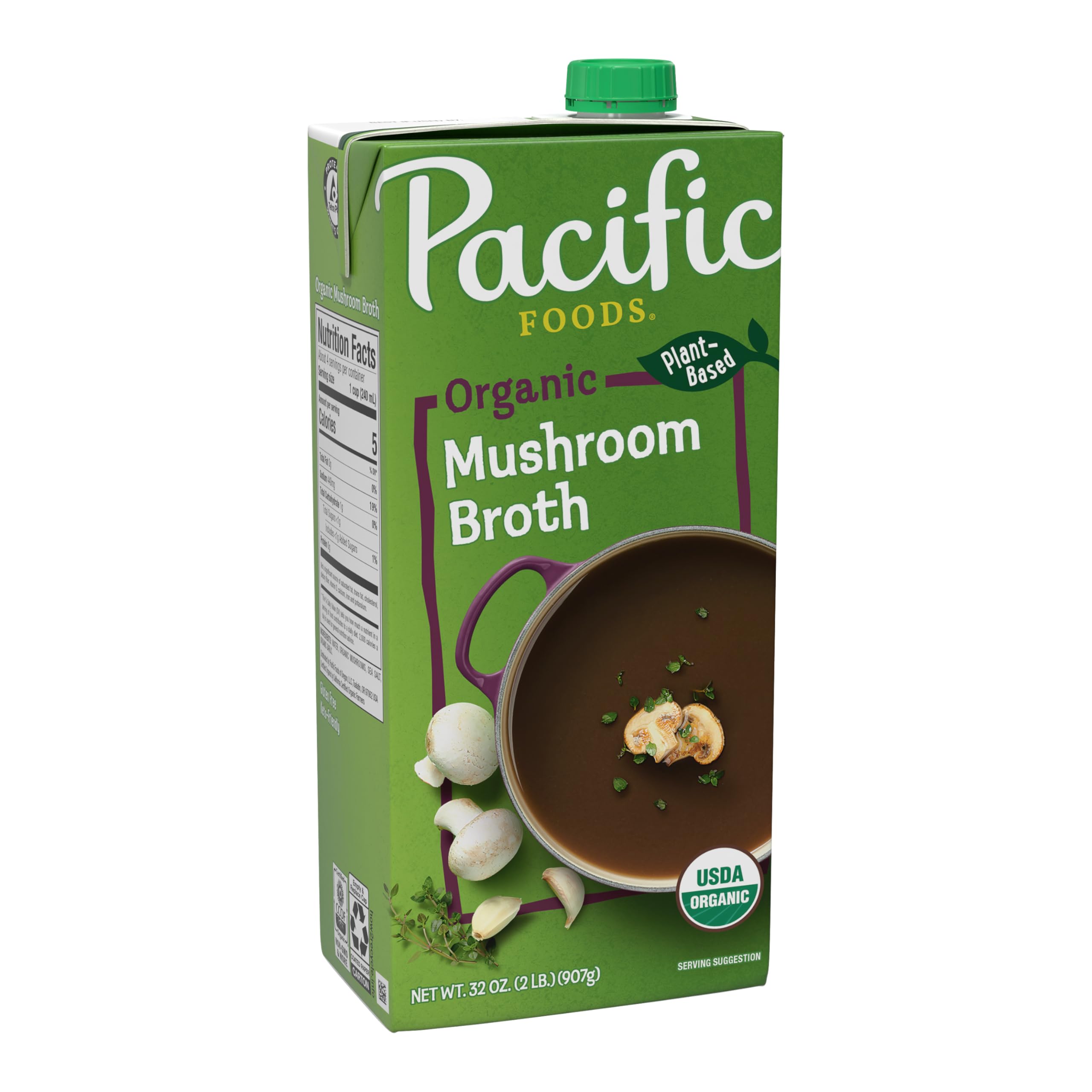 Pacific Foods Organic Mushroom Broth carton pour highlights rich, plant-based flavor for quick meals.