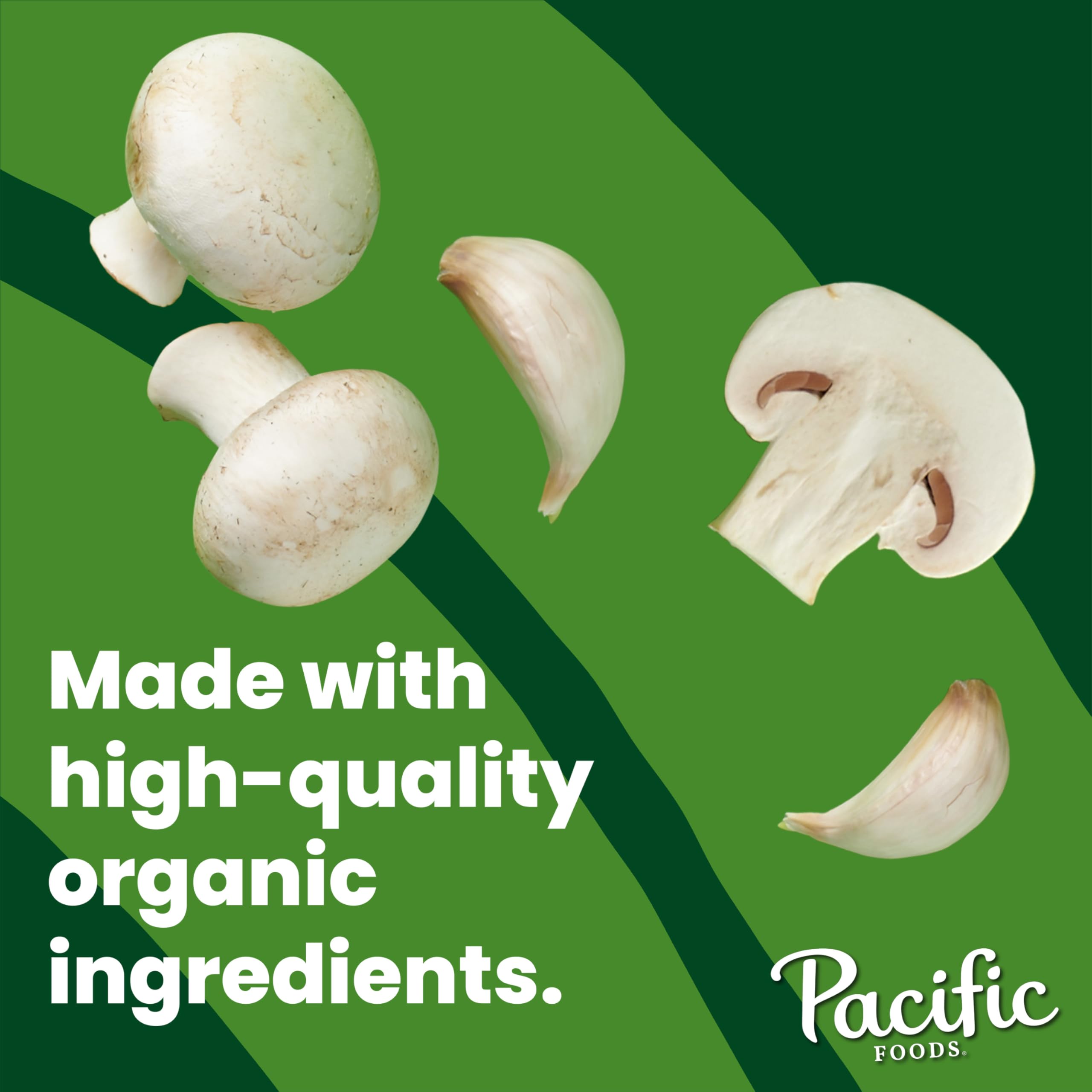 Pacific Foods Organic Mushroom Broth ingredients closeup focuses on mushrooms and garlic for depth.