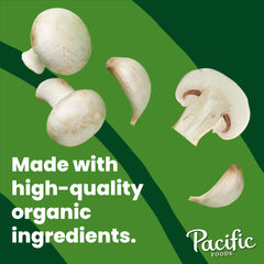 Pacific Foods Organic Mushroom Broth ingredients closeup focuses on mushrooms and garlic for depth.