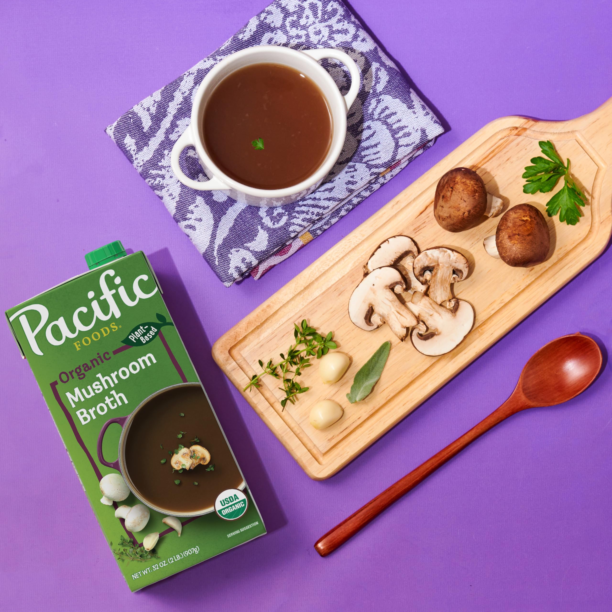 Pacific Foods Organic Mushroom Broth kitchen use visual emphasizes easy heating and flavor boost.