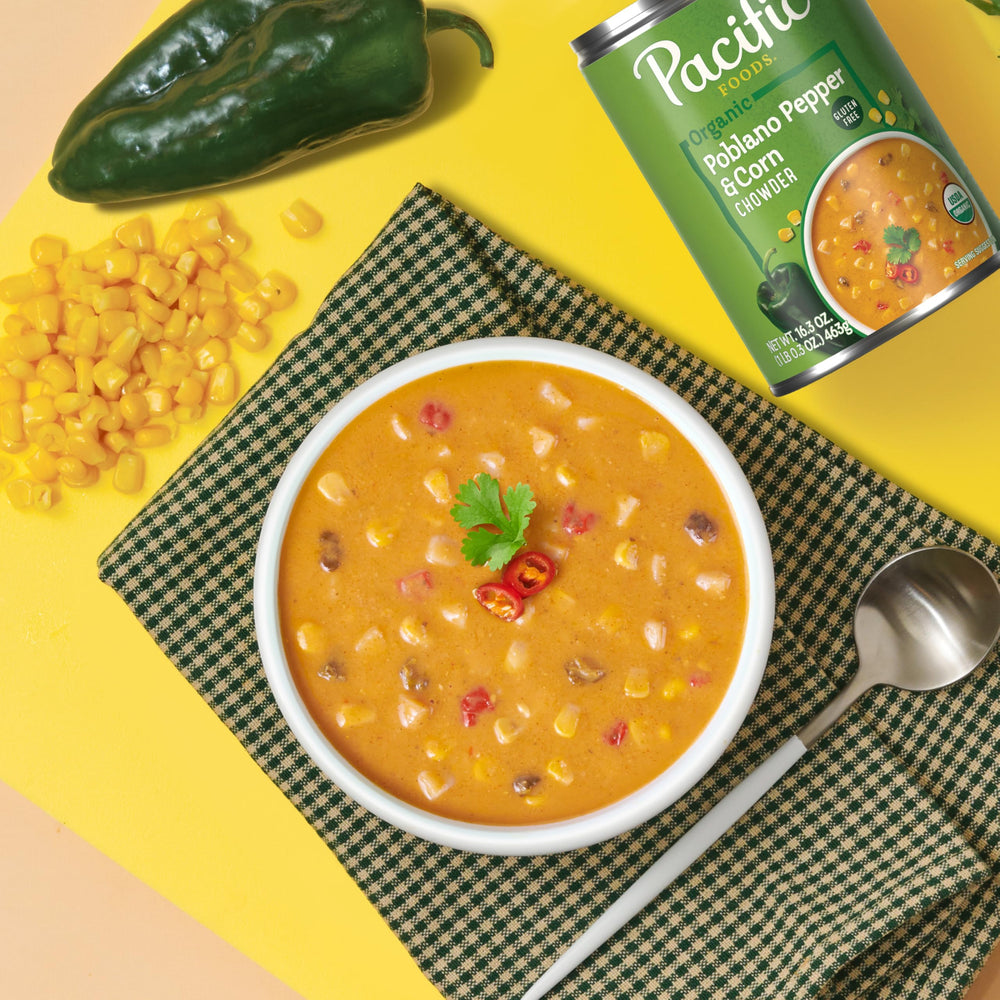 Recycling-friendly can of Pacific Foods Organic Poblano Corn Chowder supports storage