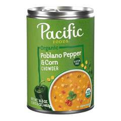 Pacific Foods Organic Poblano Corn Chowder can showcases smoky peppers for a comforting meal
