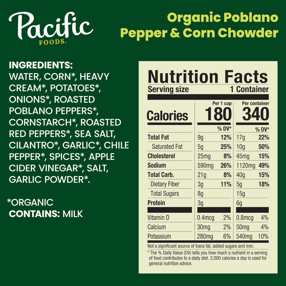 Pacific Foods Organic Poblano Corn Chowder being poured for quick, cozy lunches