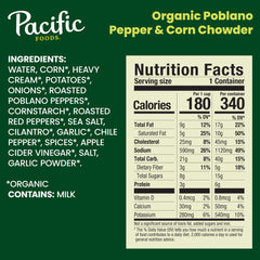 Pacific Foods Organic Poblano Corn Chowder being poured for quick, cozy lunches