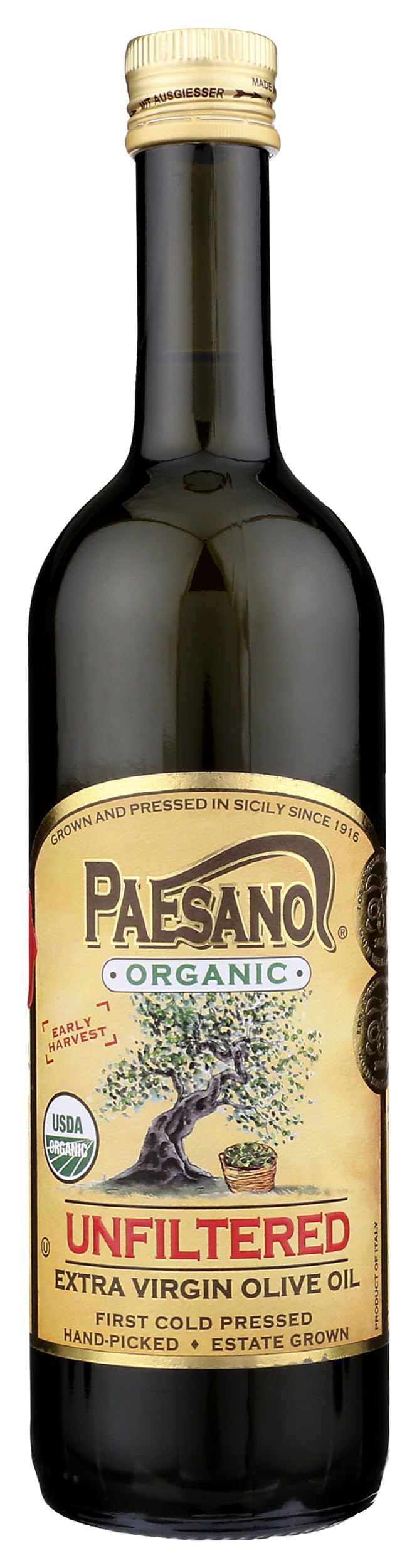 Paesano Organic Extra Virgin Olive Oil bottle with label for premium cooking and finishing