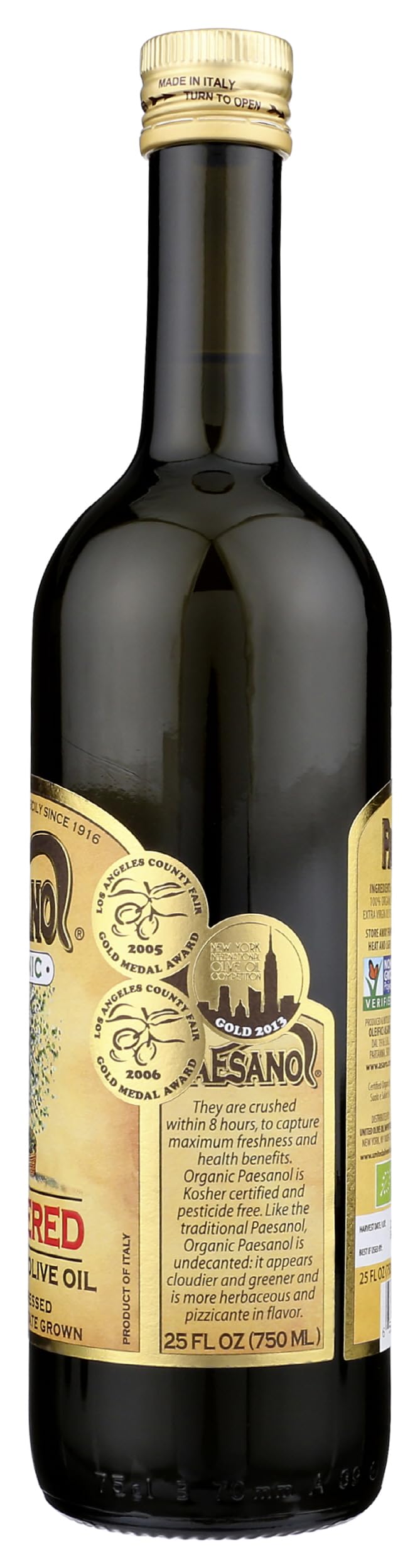 Paesano Organic Olive Oil bottle in a practical kitchen scene