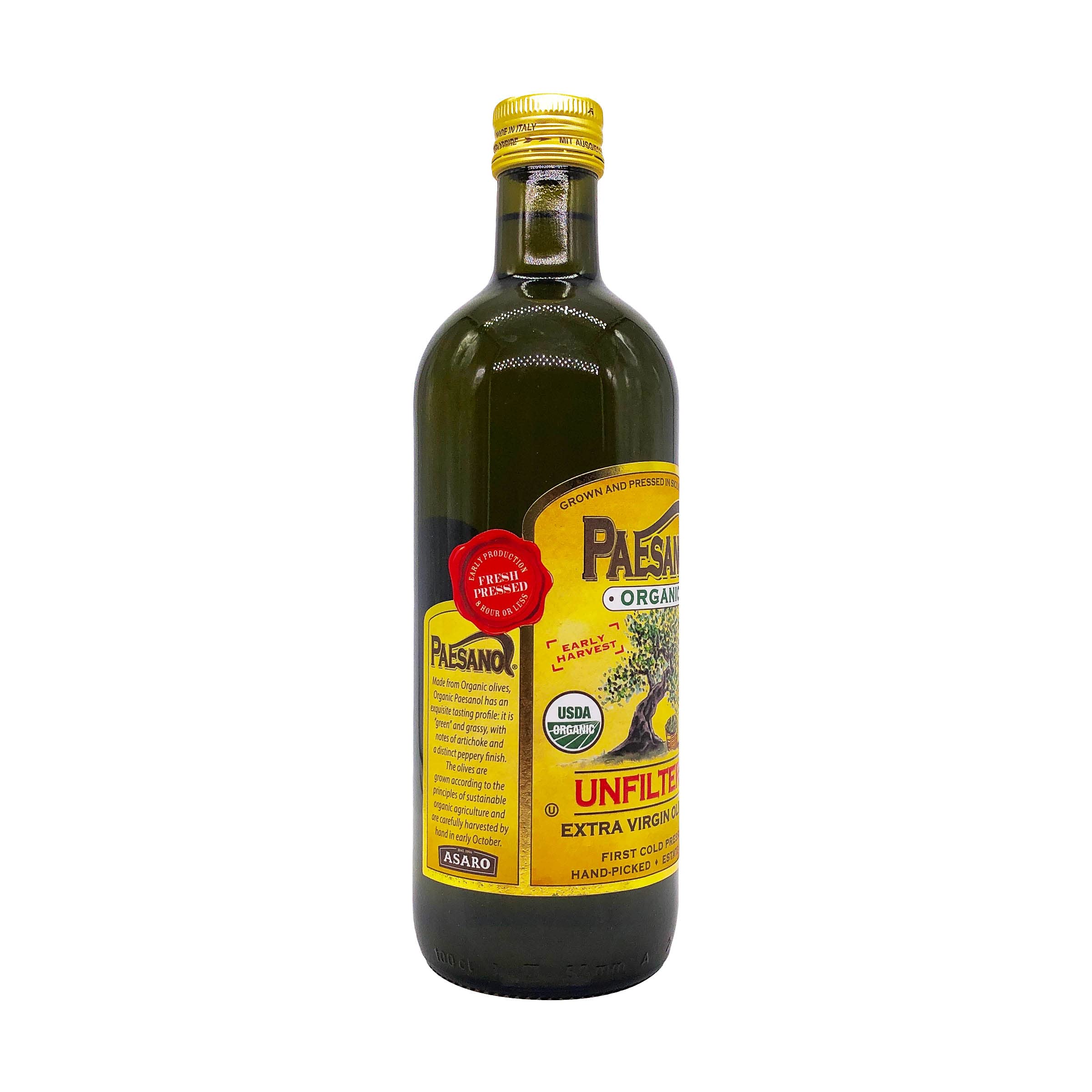 Paesanol award-winning olive oil label beside the glass bottle.