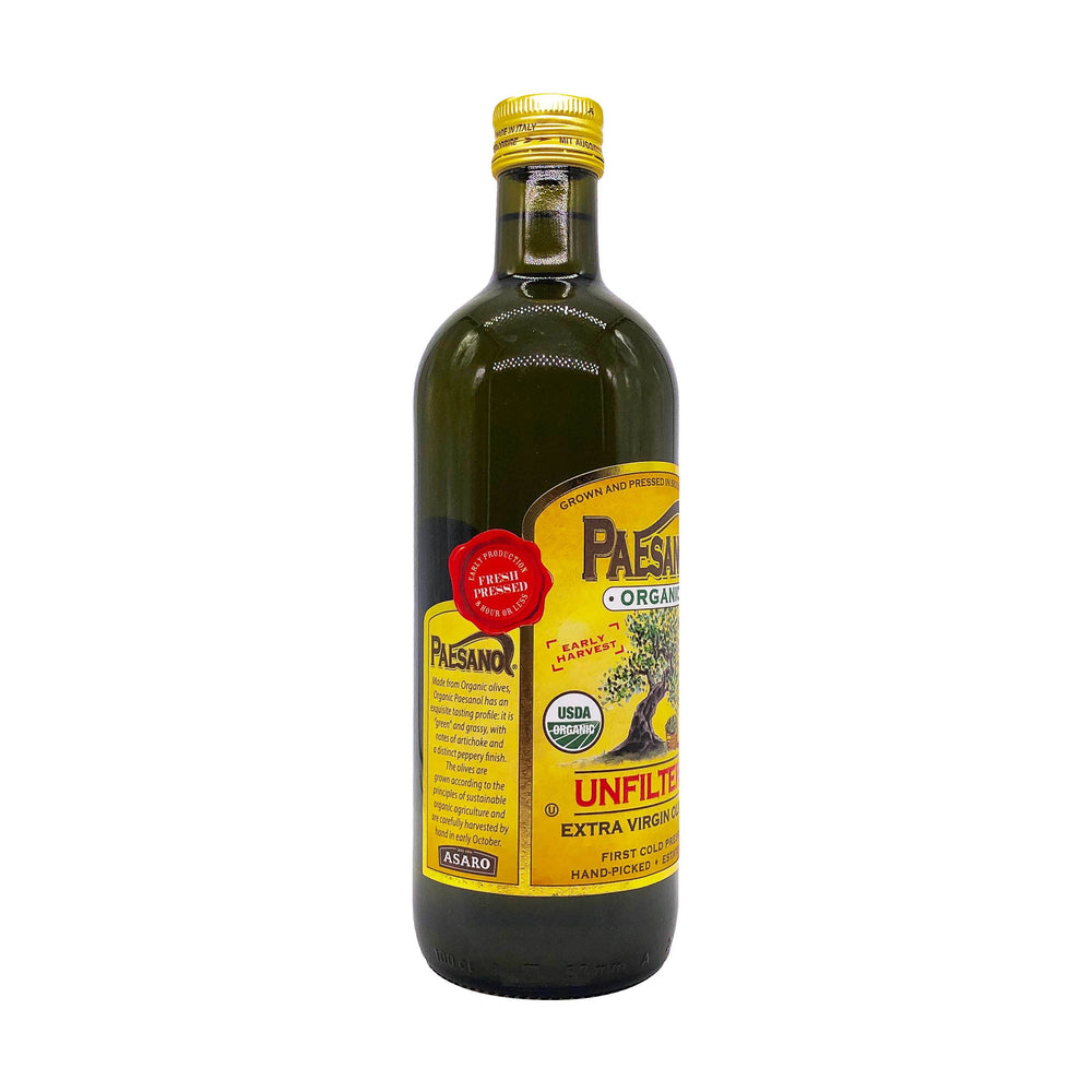 Paesanol award-winning olive oil label beside the glass bottle.