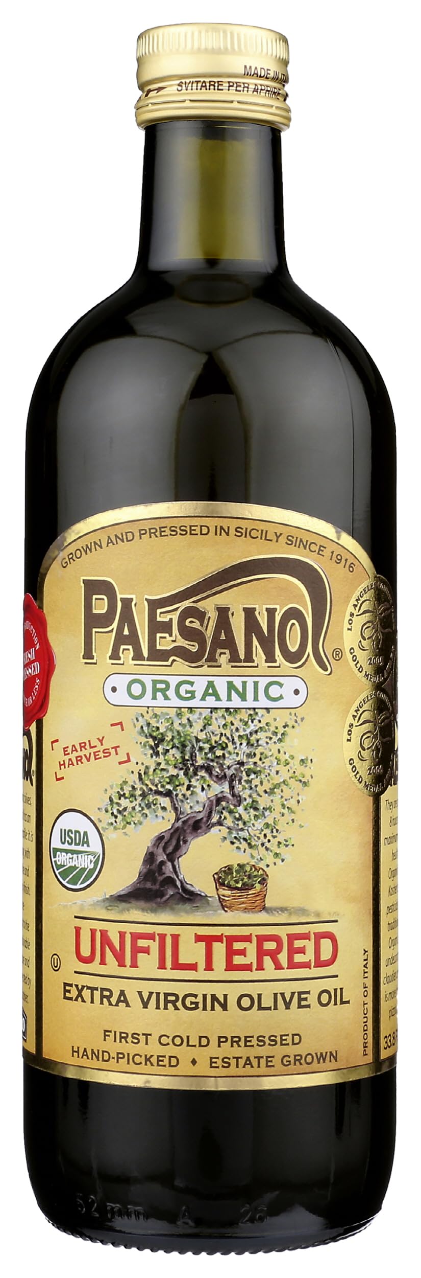 Paesanol organic unfiltered olive oil bottle showing vibrant color for finishing salads.
