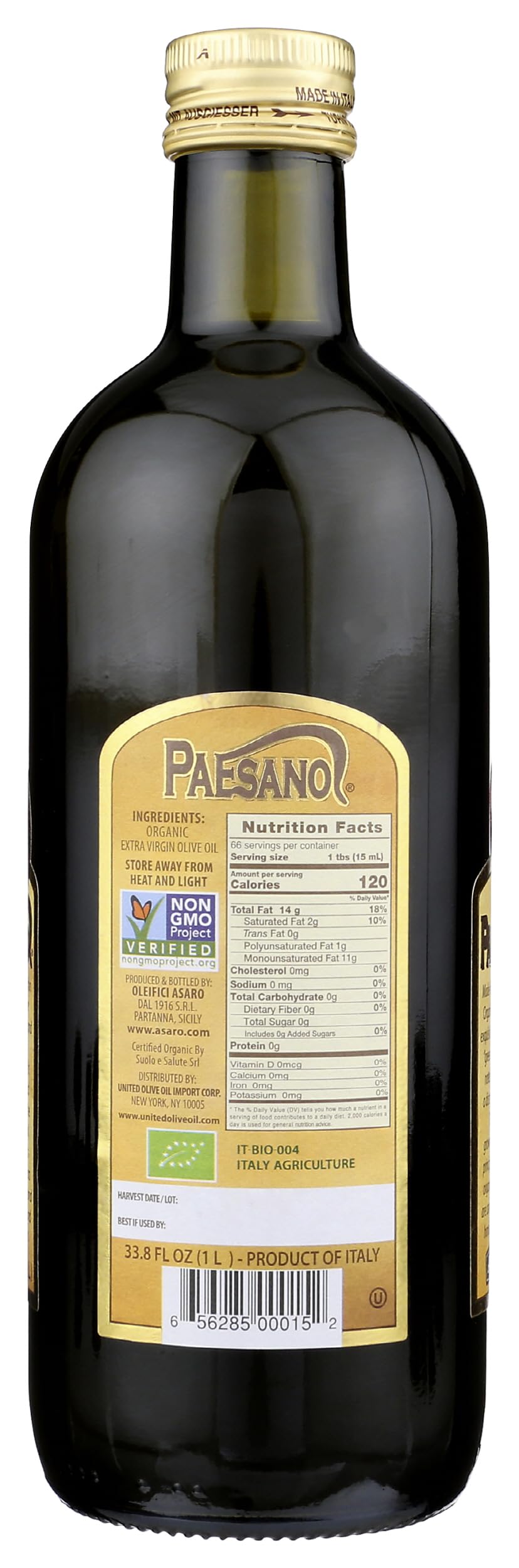 Paesanol olive oil in glass bottle with green hue ideal for dressings.
