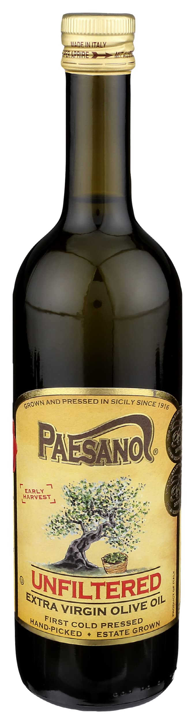 Paesanol unfiltered olive oil bottle with vibrant green hue for fresh finishing