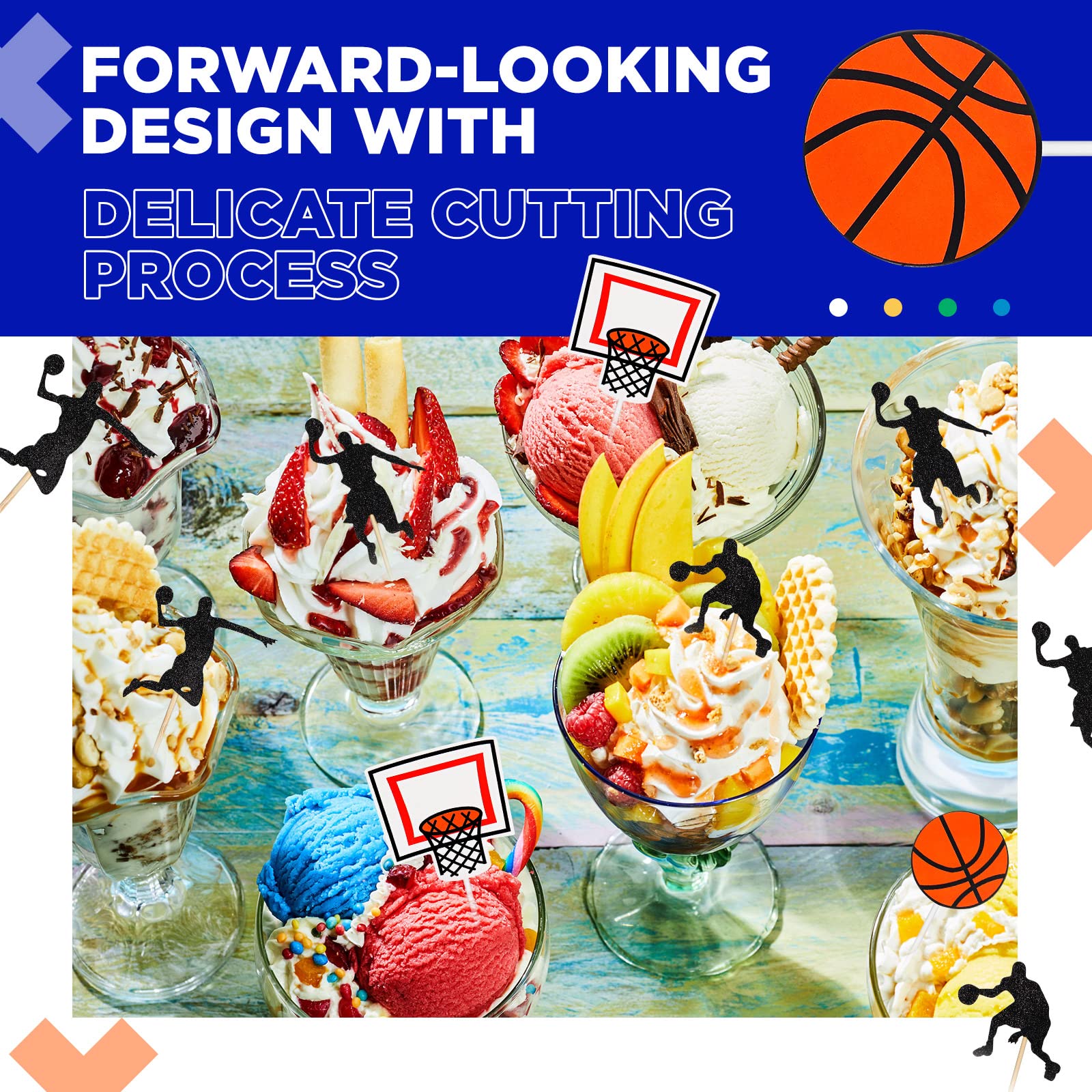 Pajean basketball-themed party supplies boost dessert table visuals.
