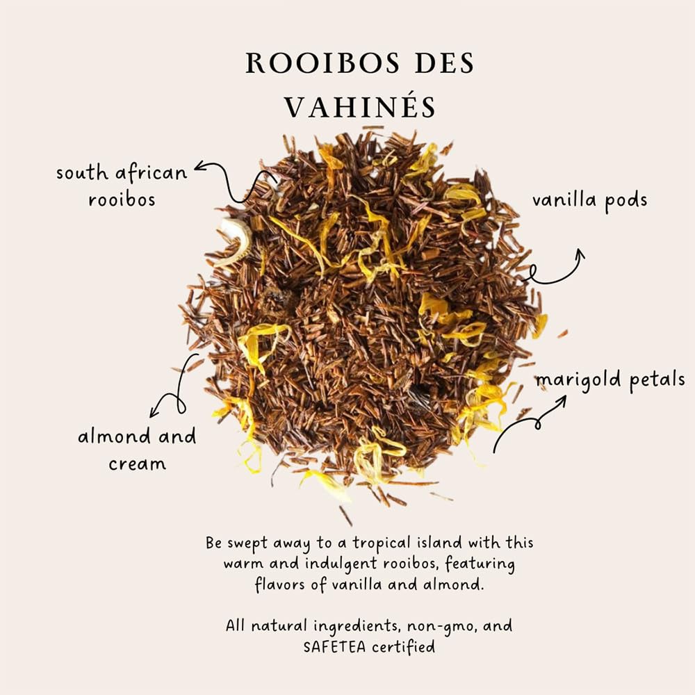 Palais des Thés Tahitian Rooibos vanilla almond blend delivers caffeine-free, smooth sweetness.