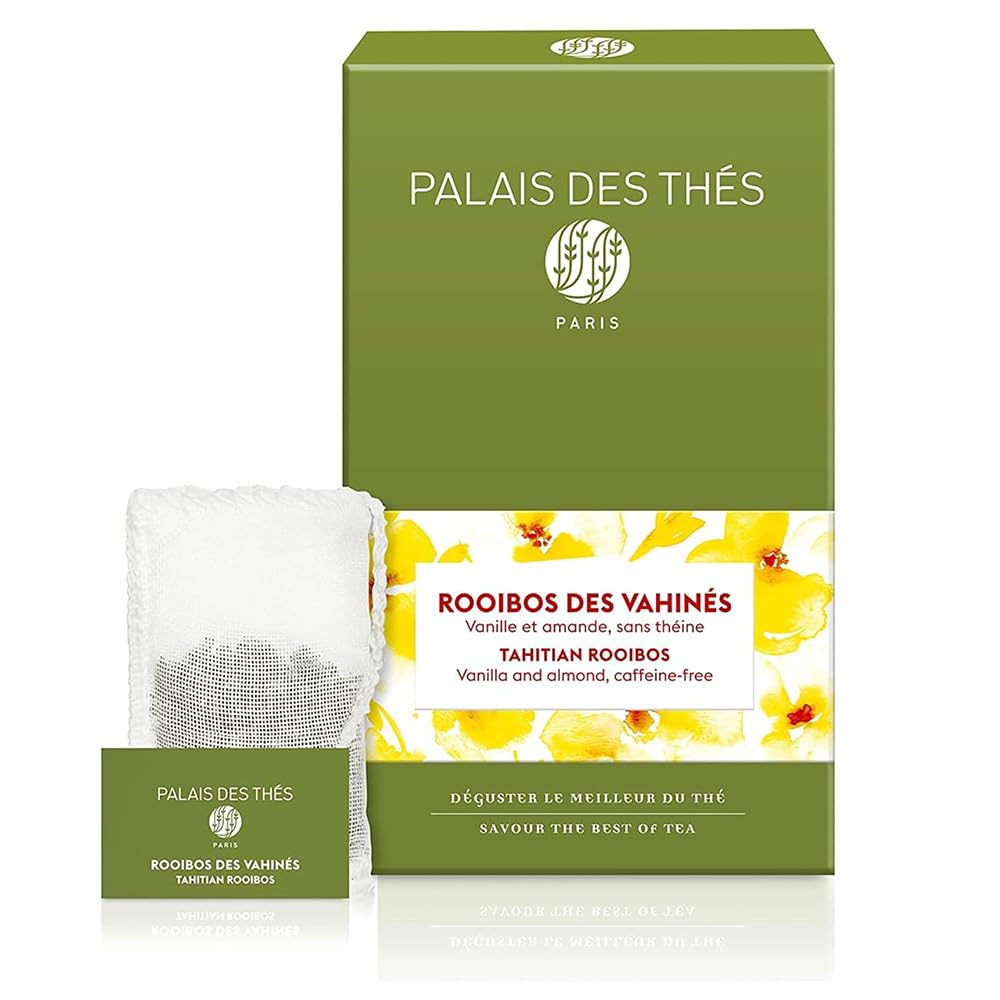 Palais des Thés Tahitian Rooibos vanilla tea bags offer comforting vanilla aroma for hot or iced tea.