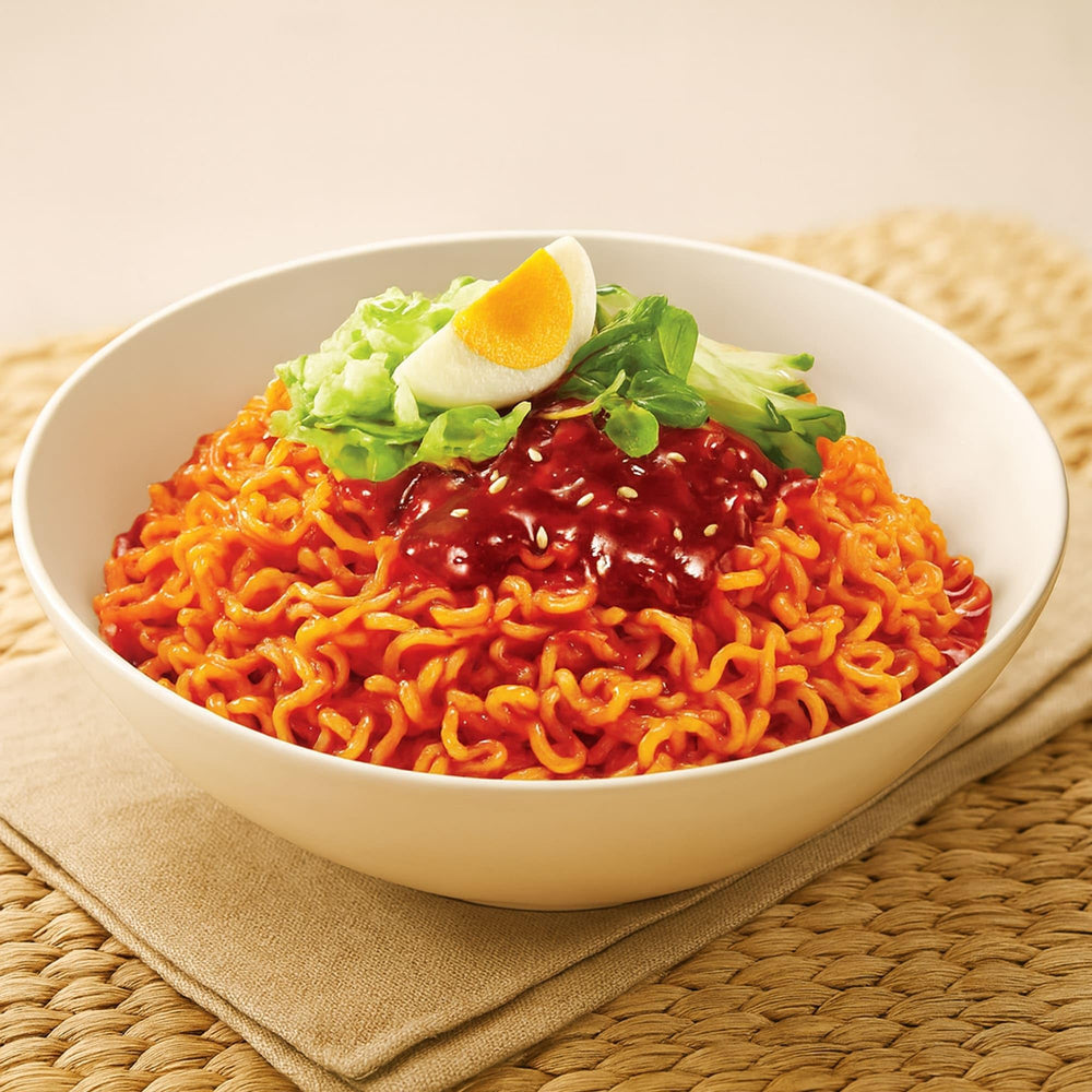 Paldo Bibim serving spoon with noodles, suggesting easy serving and sharing