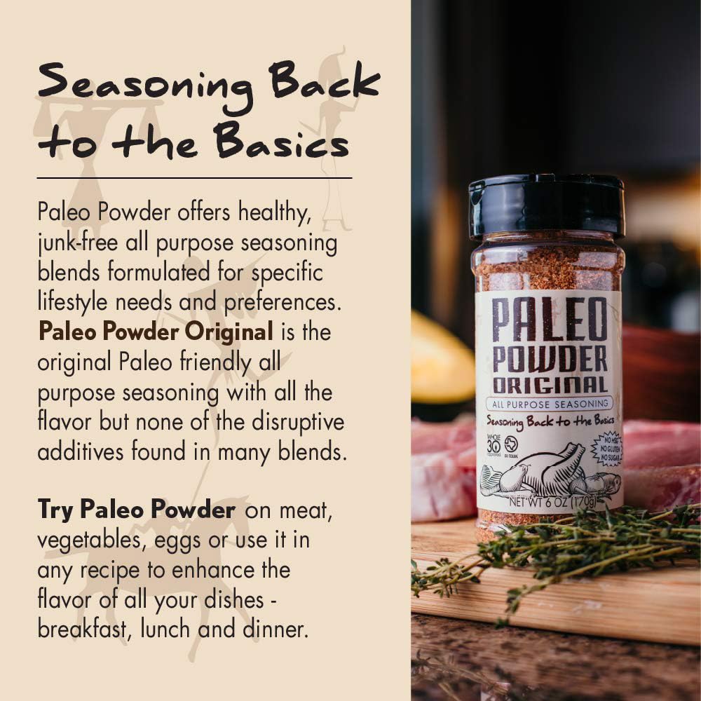 Paleo Powder All Purpose Seasoning jar on pantry shelf ready for meals.