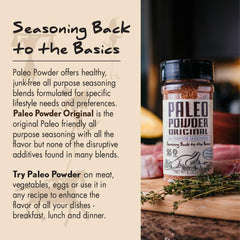 Paleo Powder All Purpose Seasoning jar on pantry shelf ready for meals.