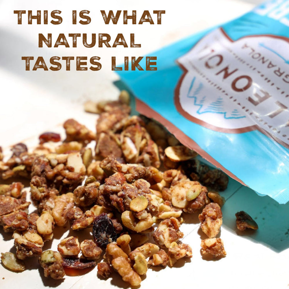 Paleonola Original granola close-up showing toasted nuts and clusters.