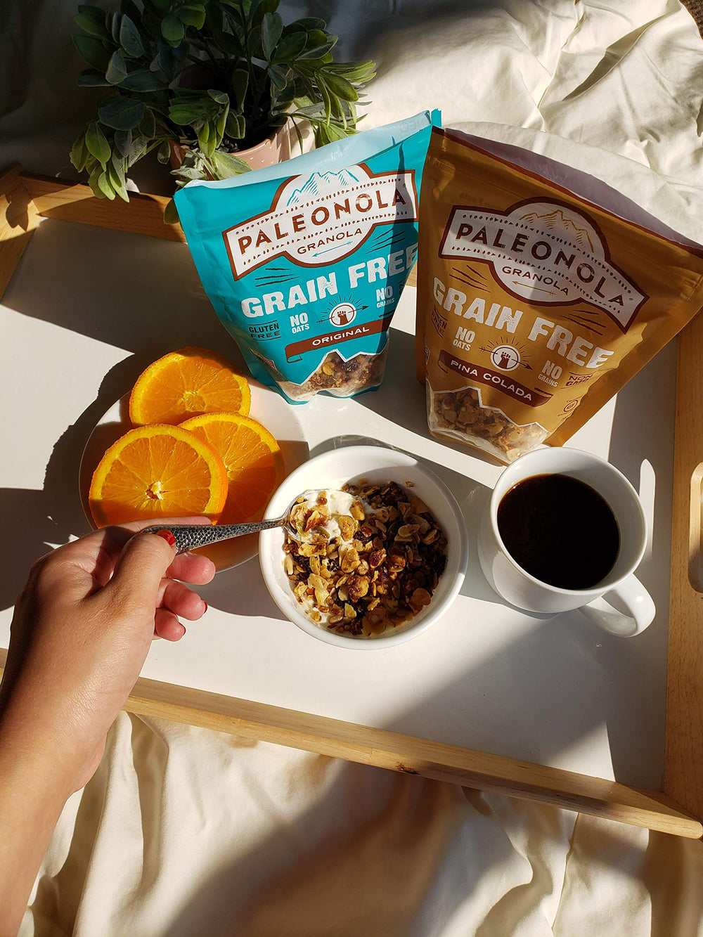 Close-up of Paleonola ingredients showing simple, non-GMO, dairy-free recipe.