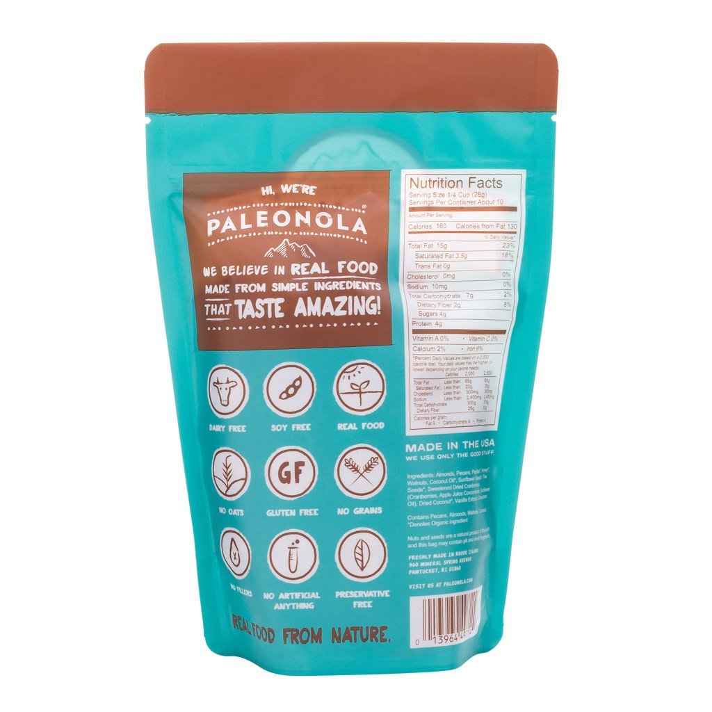 Paleonola Original Granola being poured to show grain-free crunch for yogurt.