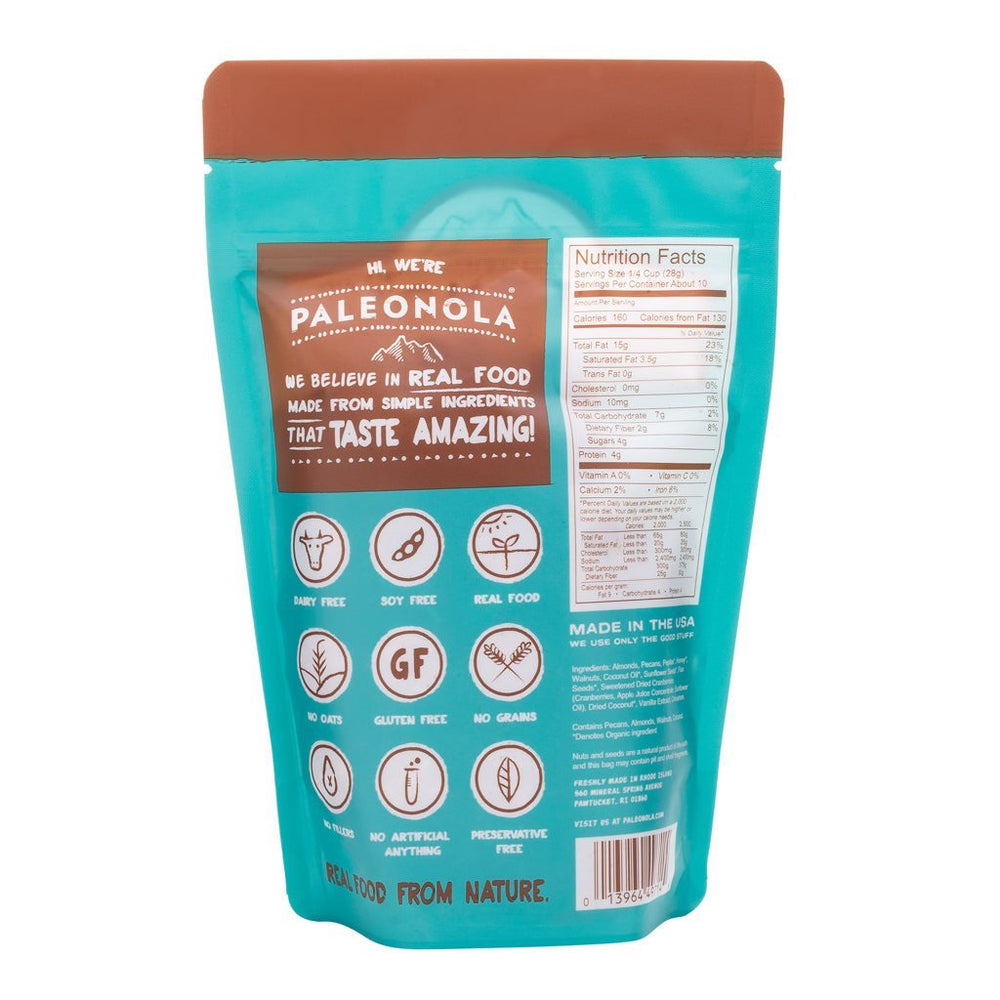 Paleonola Original Granola being poured to show grain-free crunch for yogurt.