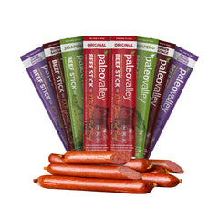 Paleovalley beef sticks 40 count packaging showcases gluten-free, high-protein snack convenience.