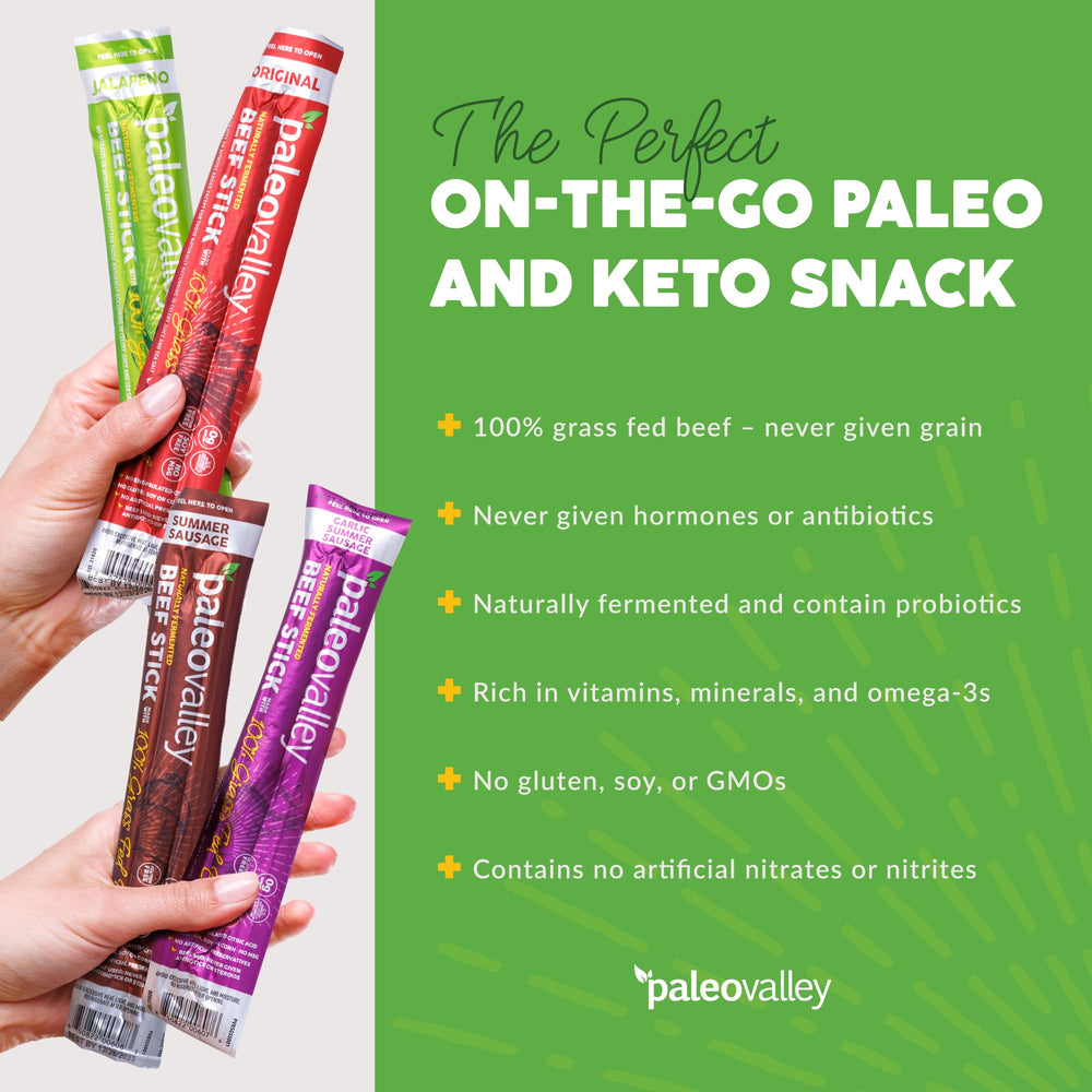 Paleovalley beef sticks on the go pack demonstrating portable keto friendly snack.