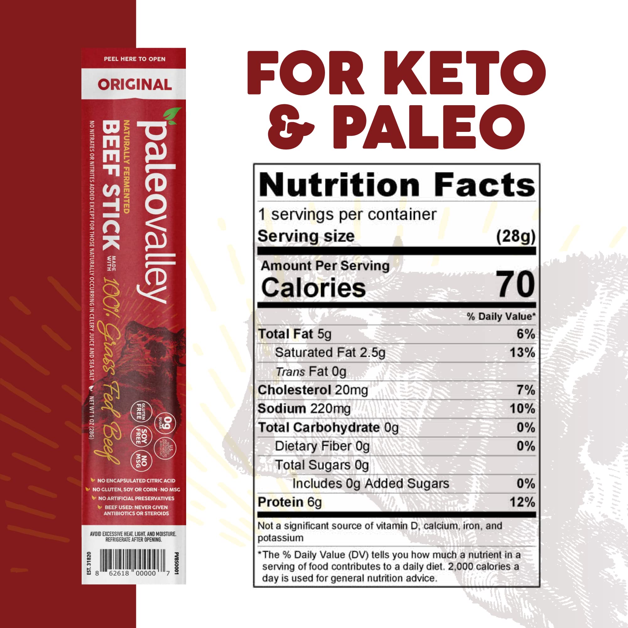 Close-up of Paleovalley Beef Sticks Original showing clean ingredients and tender texture.