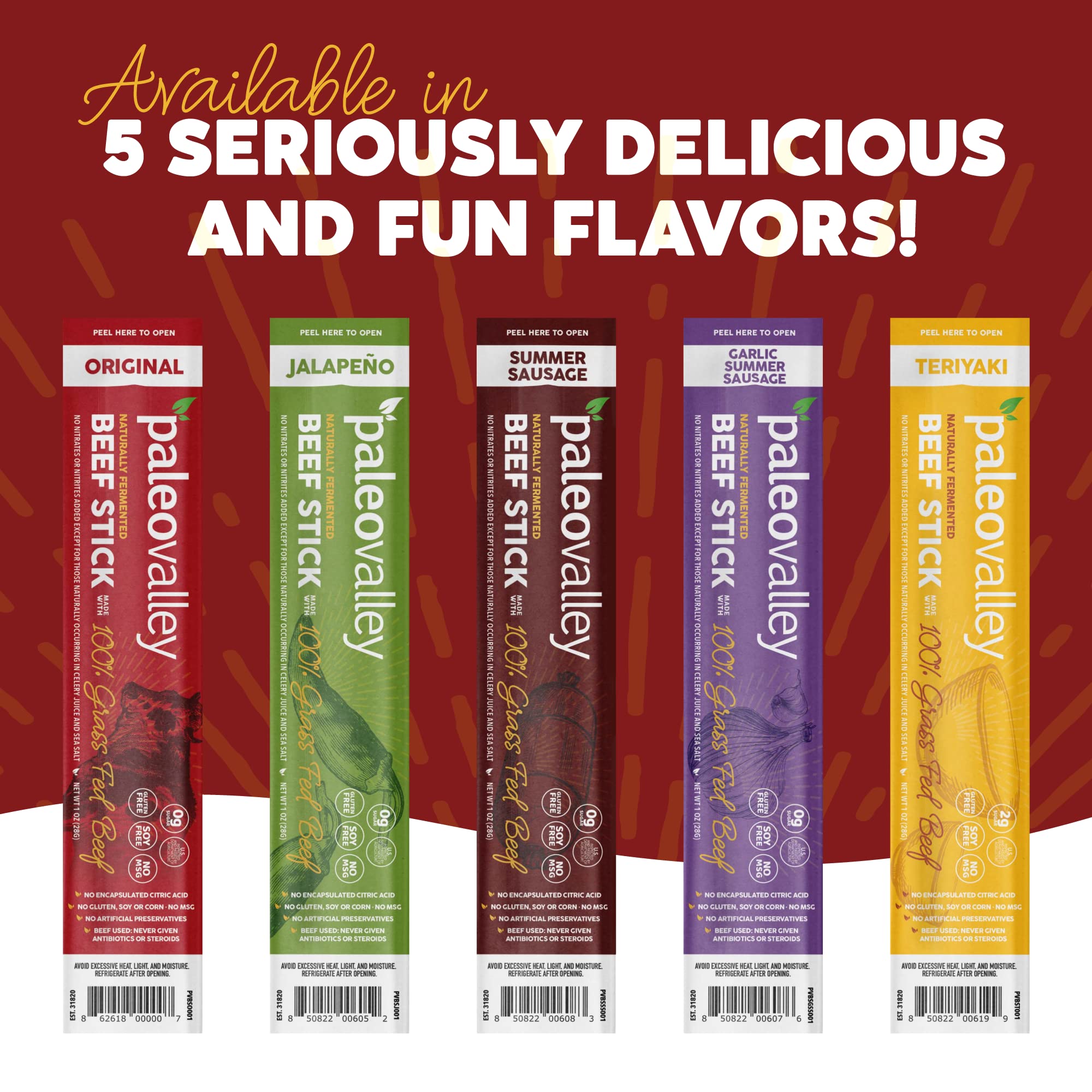 Fermented Paleovalley Beef Sticks Original showing probiotic-rich, shelf-stable appeal.