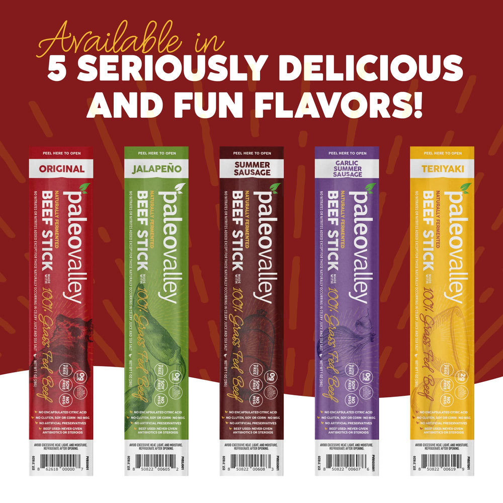 Fermented Paleovalley Beef Sticks Original showing probiotic-rich, shelf-stable appeal.