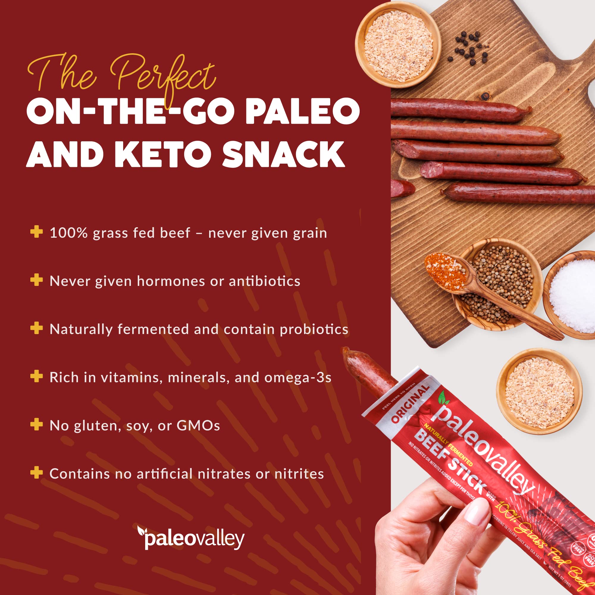 Paleovalley Beef Sticks Original ingredient panel highlighting grass-fed and probiotics.