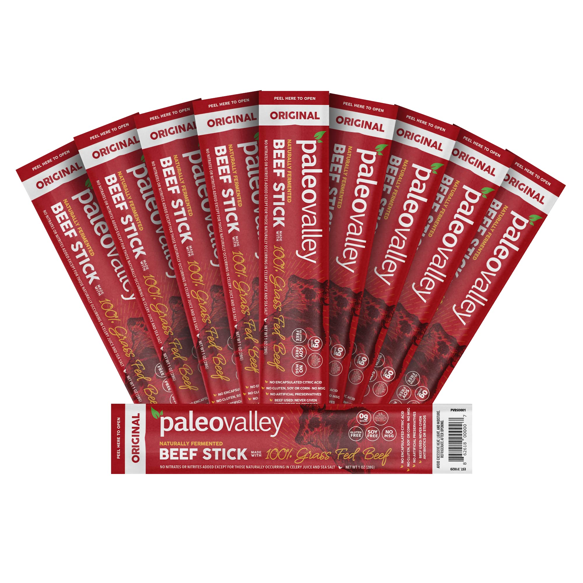 Paleovalley Beef Sticks Original package on shelf, gluten-free, high-protein on-the-go snack.