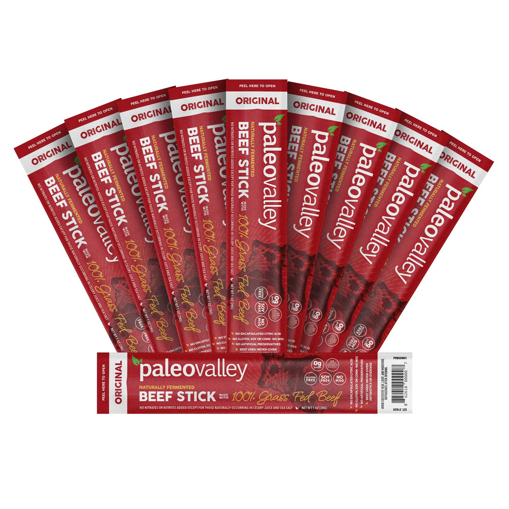Paleovalley Beef Sticks Original package on shelf, gluten-free, high-protein on-the-go snack.