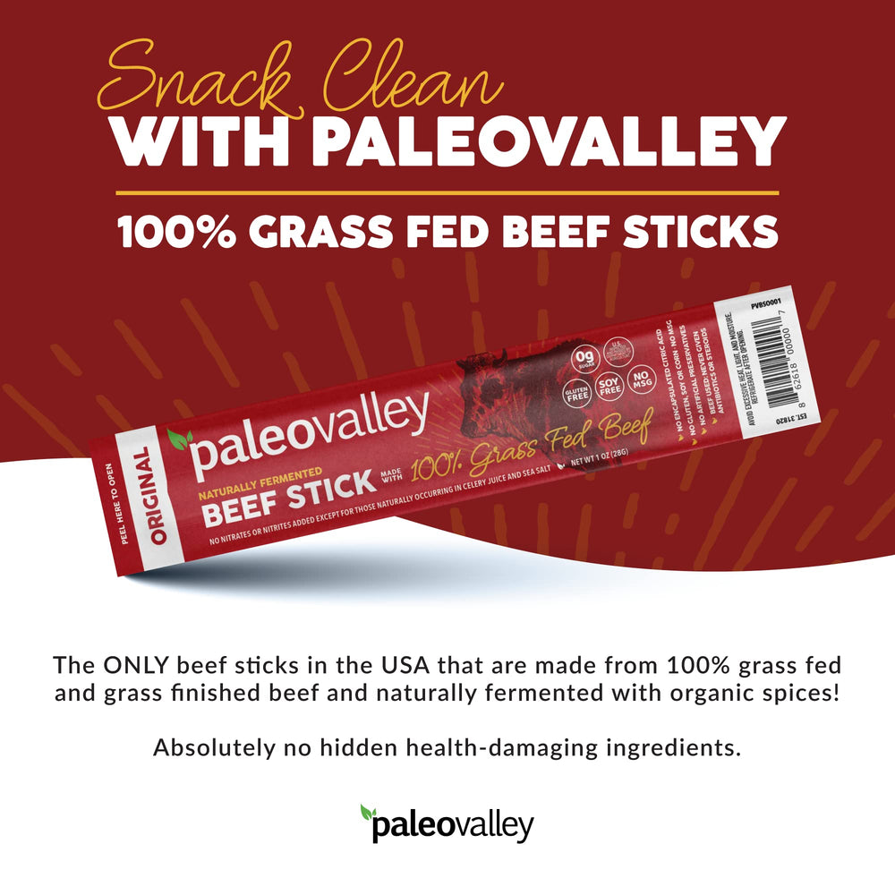 Paleovalley Beef Sticks Original packaging displayed on a store shelf.