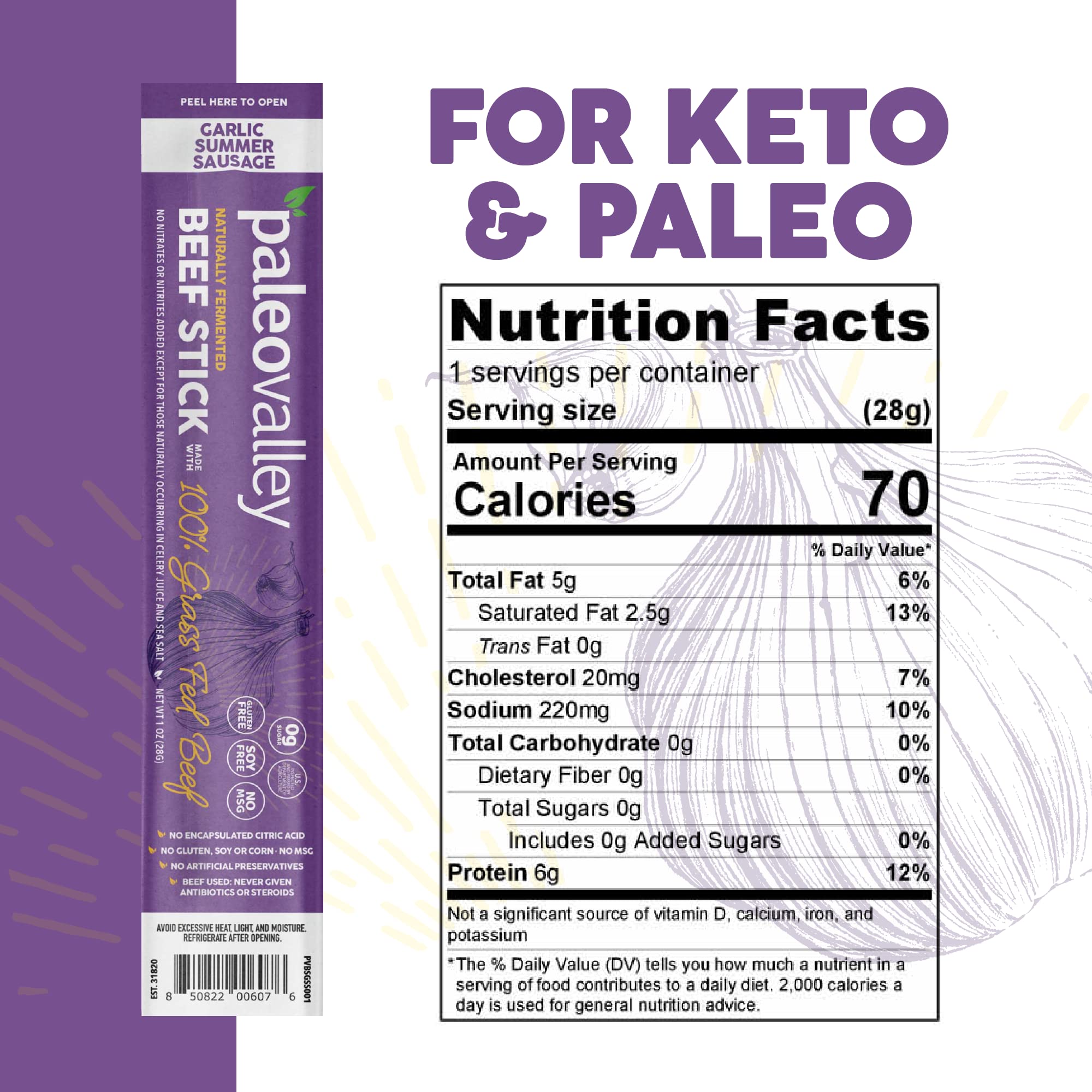 Paleovalley beef sticks texture close-up, lean meat; keto on-the-go snacking