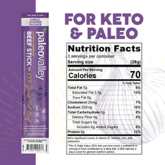 Paleovalley beef sticks texture close-up, lean meat; keto on-the-go snacking