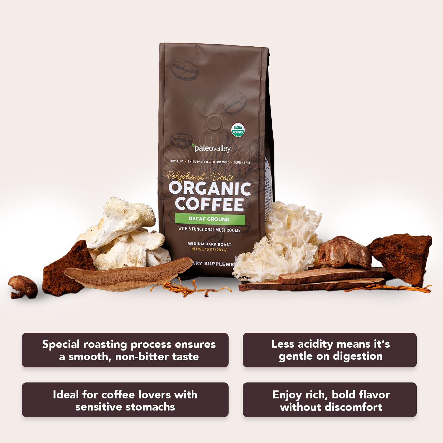 Paleovalley decaf brew in glass reveals smooth, low-acid profile.