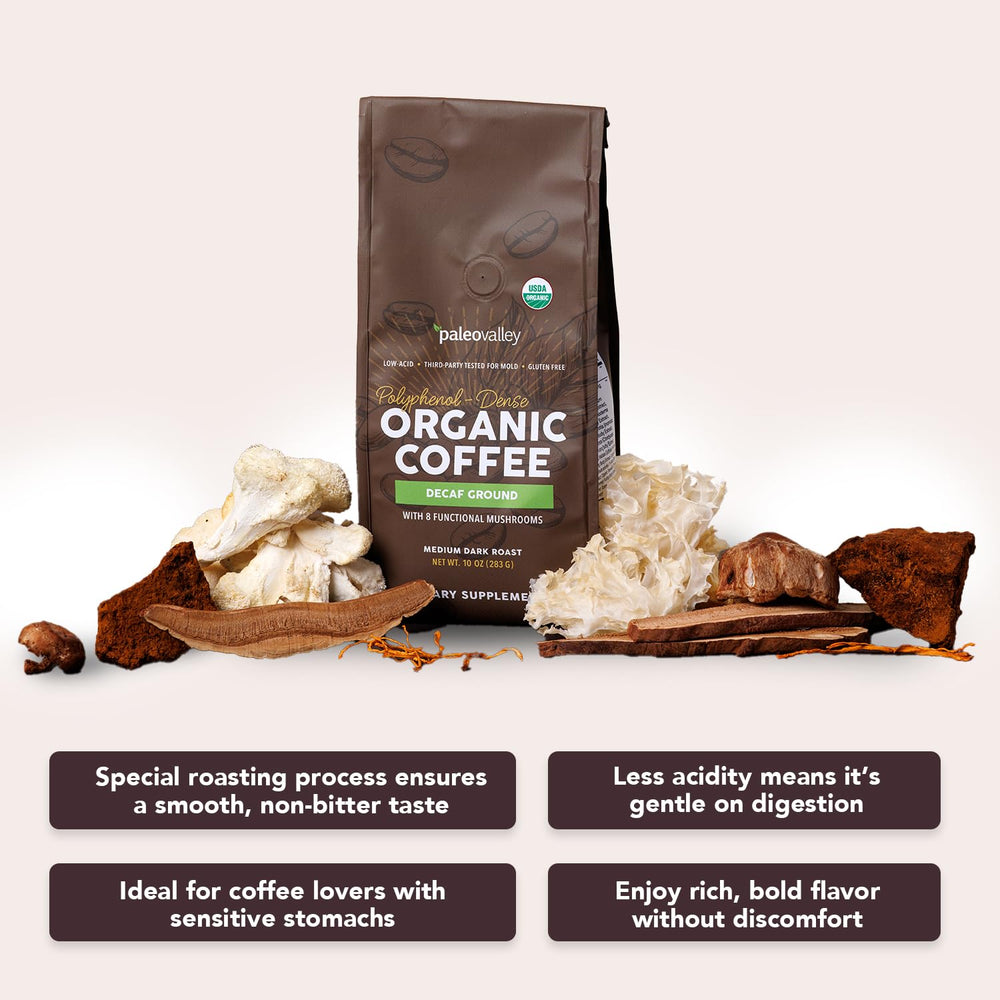 Paleovalley decaf brew in glass reveals smooth, low-acid profile.