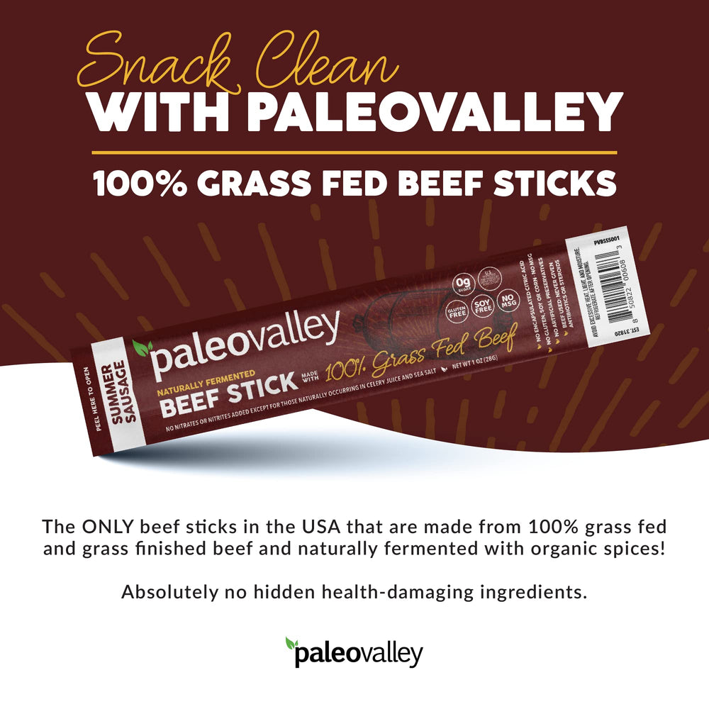 Paleovalley fermented probiotic beef sticks offer shelf-stable gut-friendly nutrition.