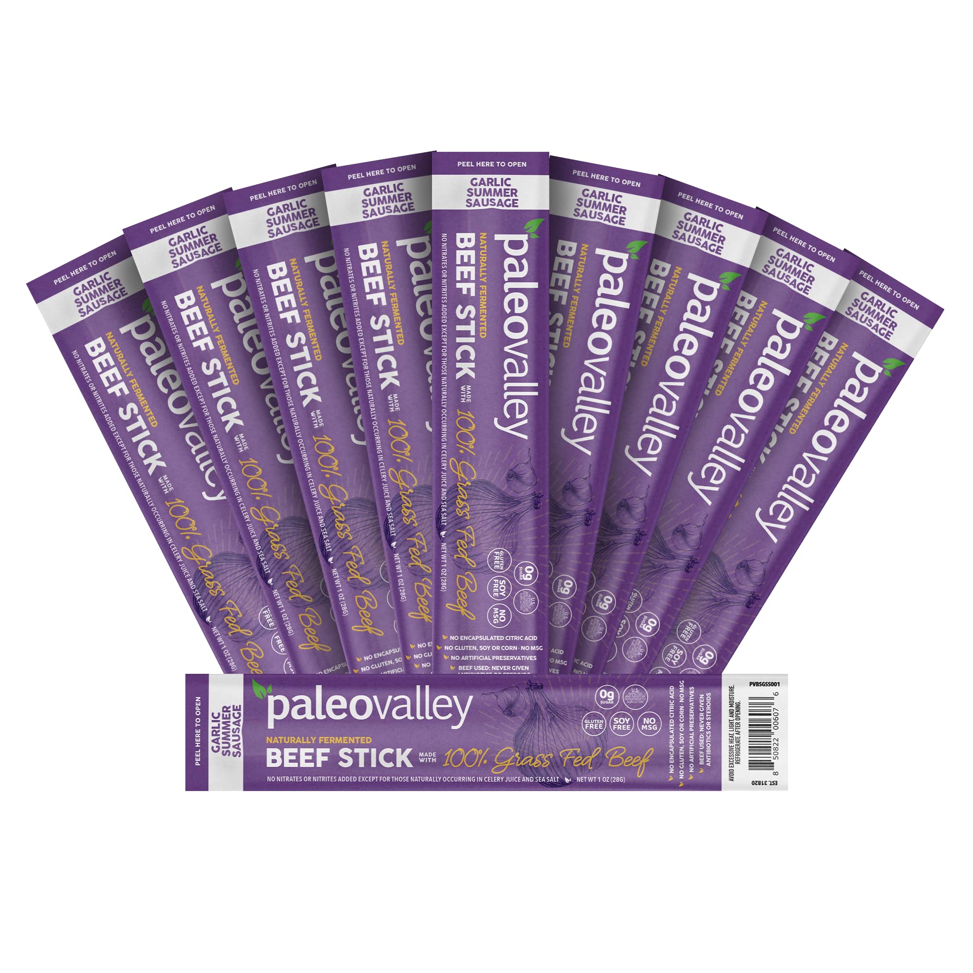 Paleovalley garlic summer sausage beef sticks packaging front, gluten-free high-protein snack
