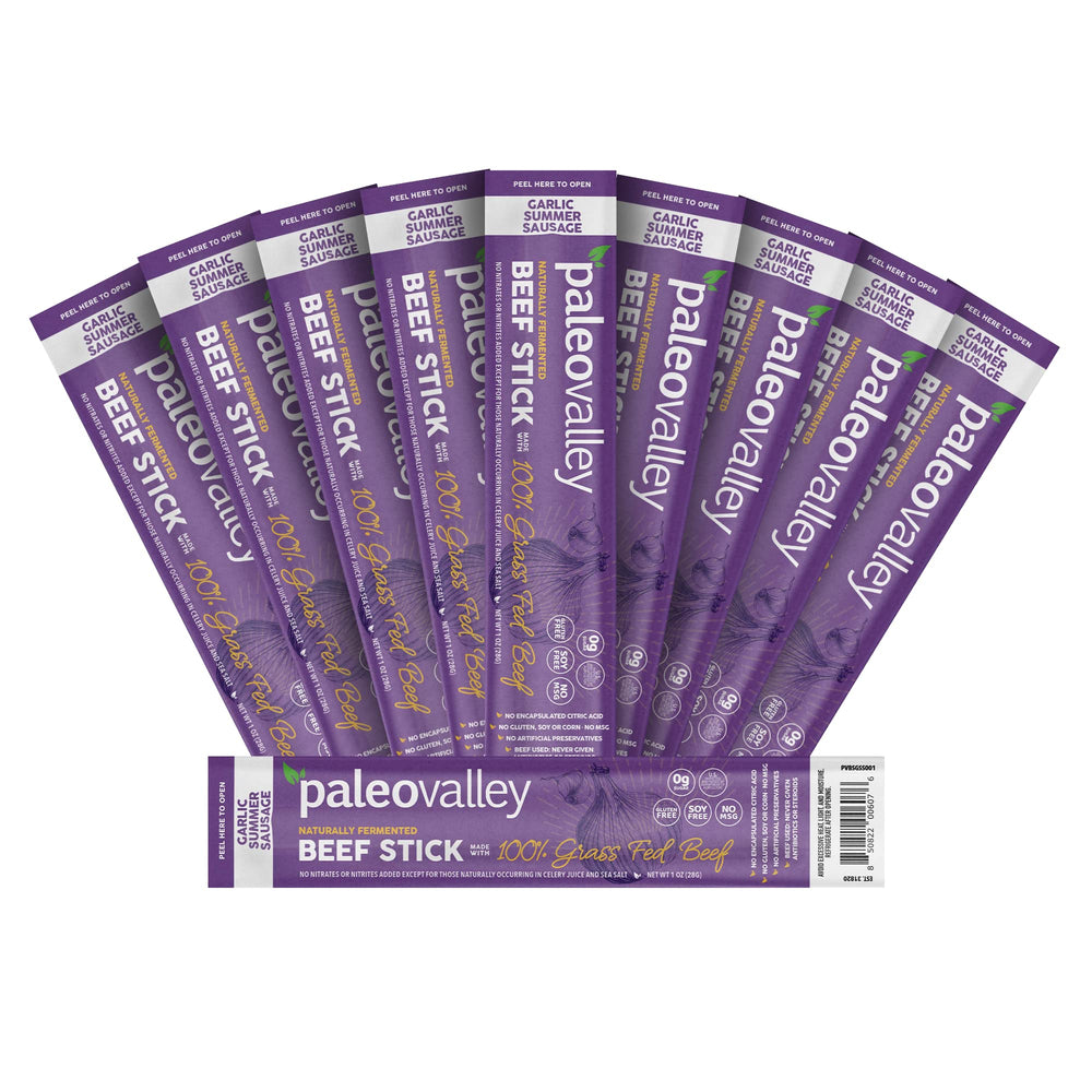 Paleovalley garlic summer sausage beef sticks packaging front, gluten-free high-protein snack