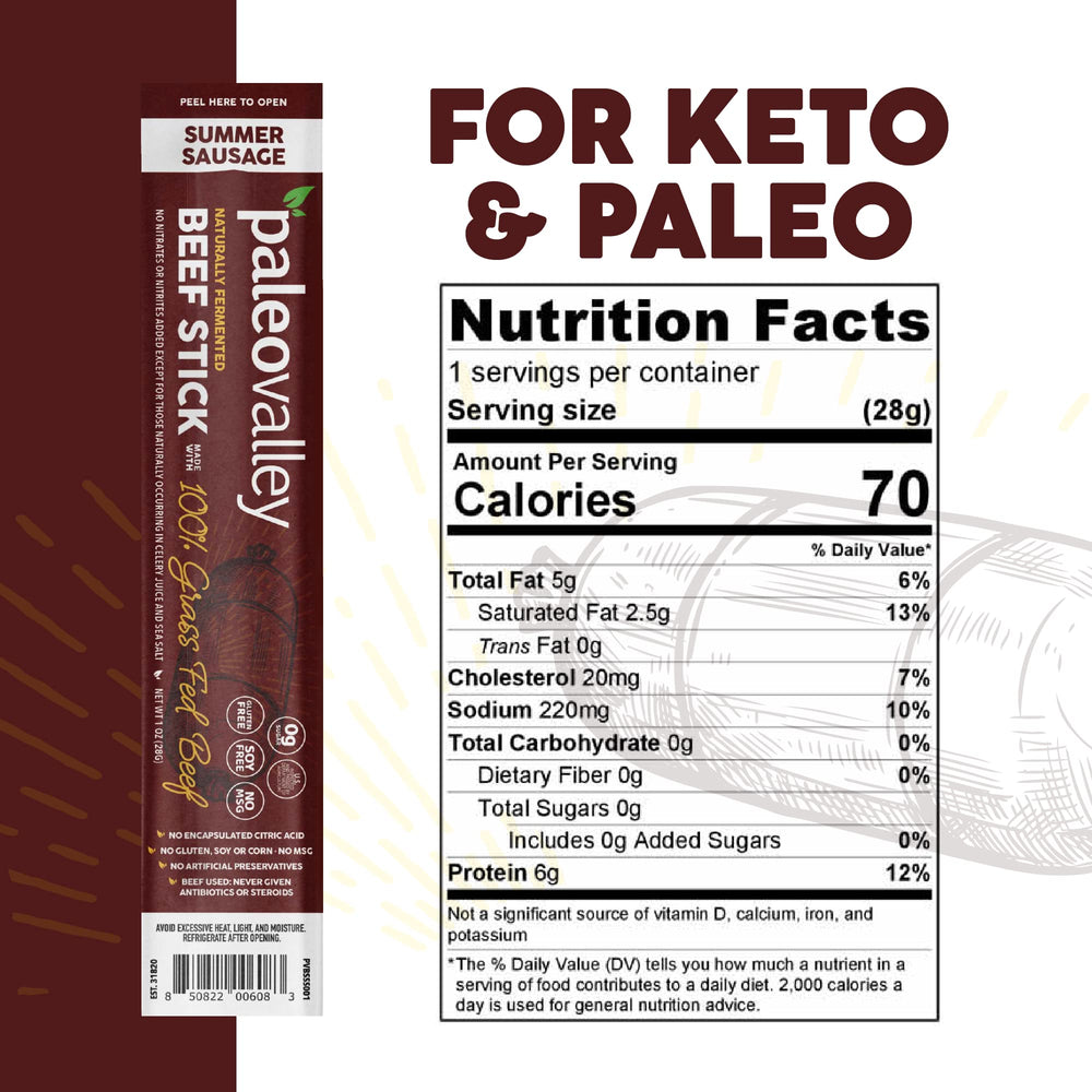 Paleovalley gluten-free beef sticks stay fresh for gluten-free snacking.