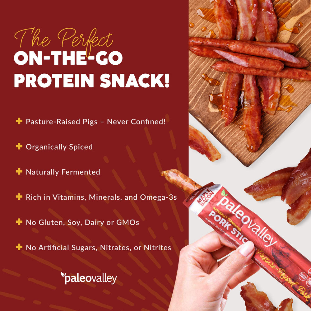 Paleovalley gluten-free pork sticks maple bacon 28g per stick